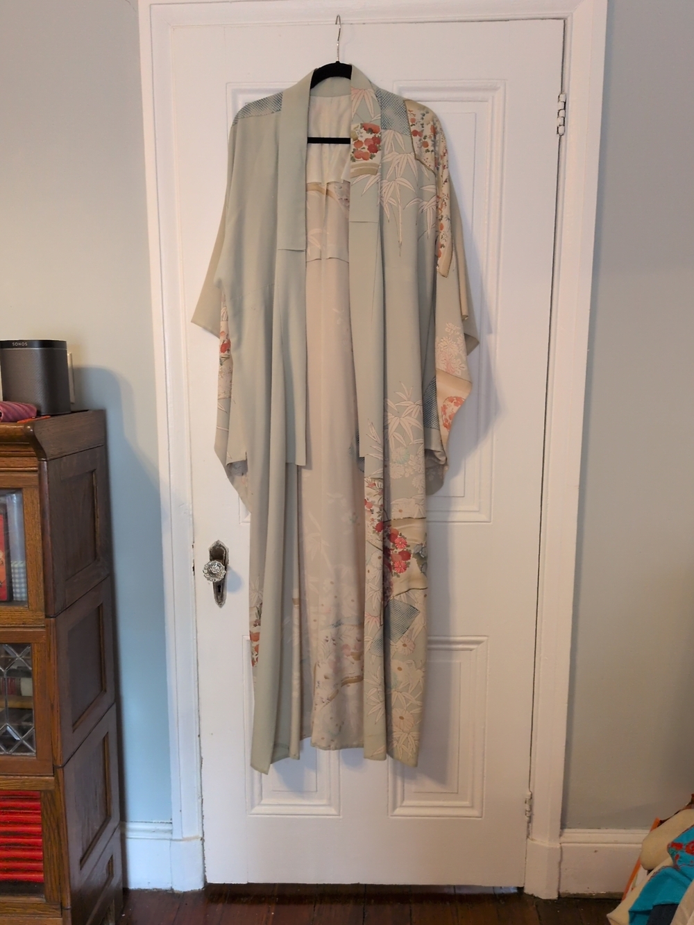 Vintage Floral Silk Kimono Robe in Pale Sage and Cream